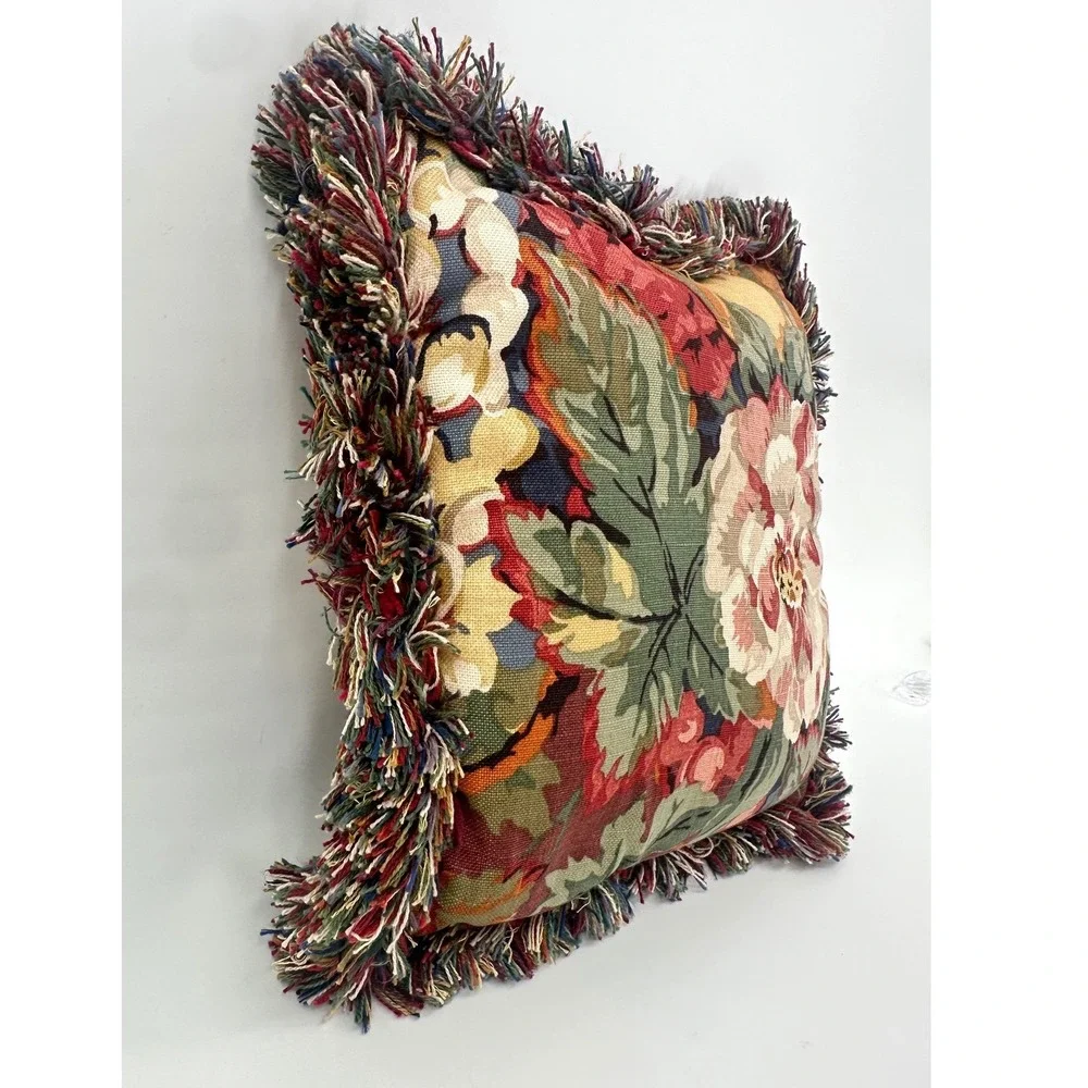 Vintage Floral Tapestry Throw Pillow Peony Garden Cottagecore Fringe 11x11